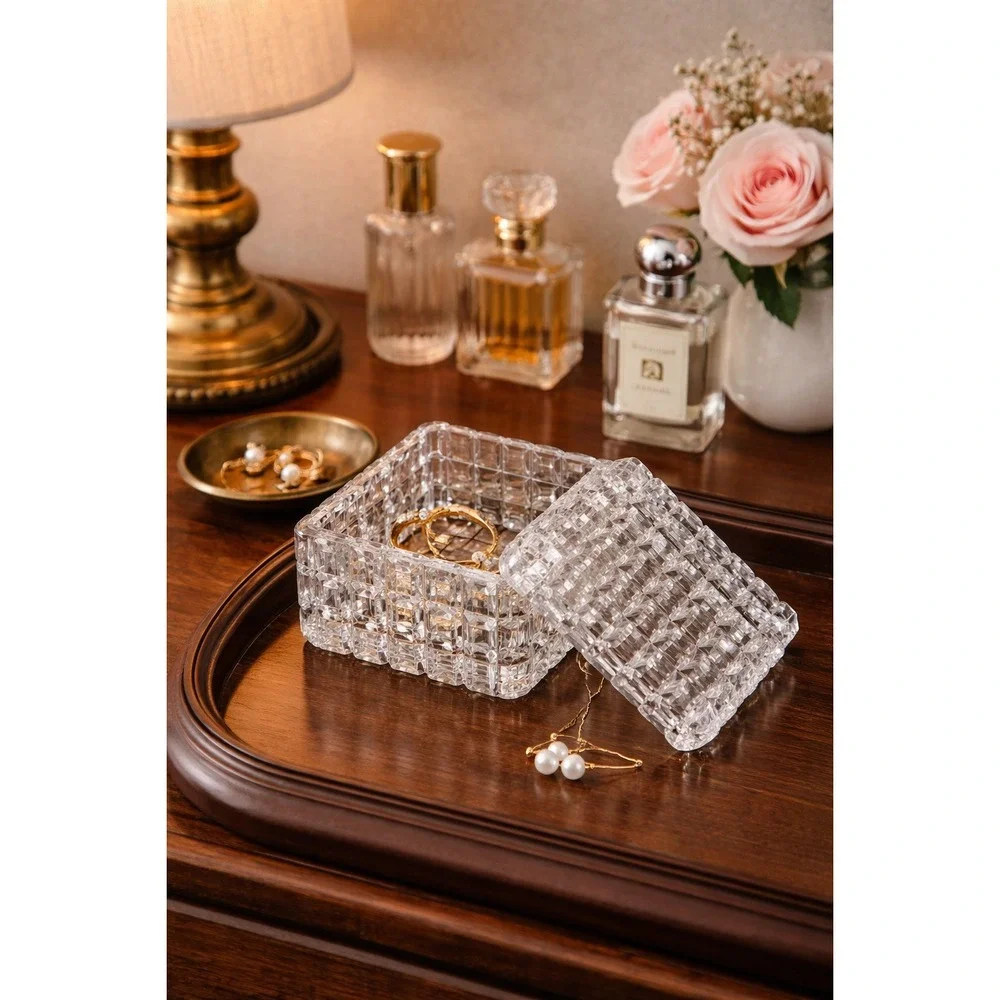 Vintage Clear Crystal Waffle Grid‎ Square Trinket Box with Lid Heavy Vanity